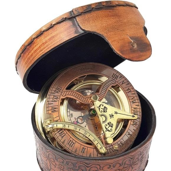Brass Nautical - Antique Brass & Copper Sundial Compass, Sundial Clock in Box - Picture 1 of 7